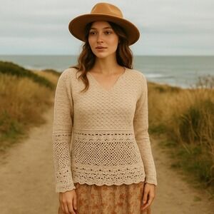 Y2K Tiara Retro Crochet Knit‎ Sweater Beige Boho Cottagecore M Hippie Boho Korea